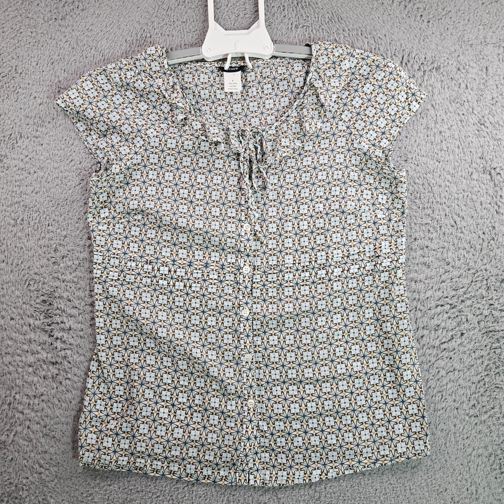 J Crew Shirt Top Women Size 4 Button Up Cap Sleeve‎ Geometric Print Multi Color